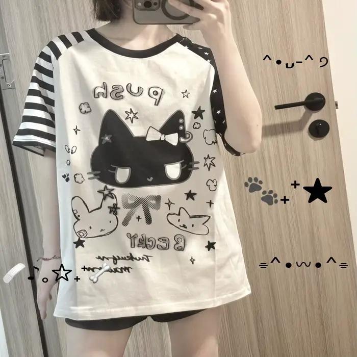 T-shirt à manches courtes imprimé chat mignon style japonais pour femme