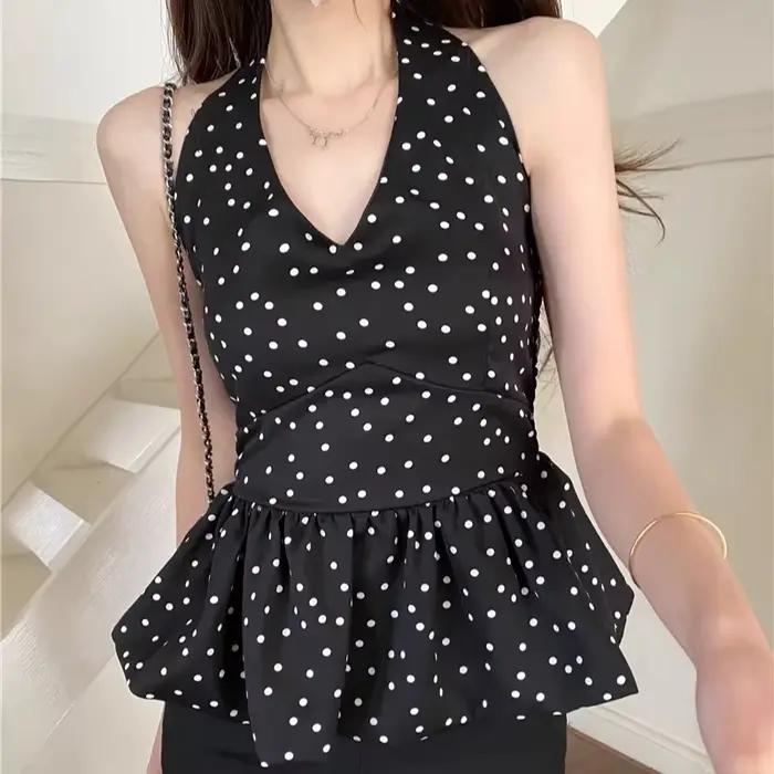 Bourgeon t-shirt pour femmes doux à pois licou col en V printemps été Ropa De Mujer mode coréenne volants hauts
