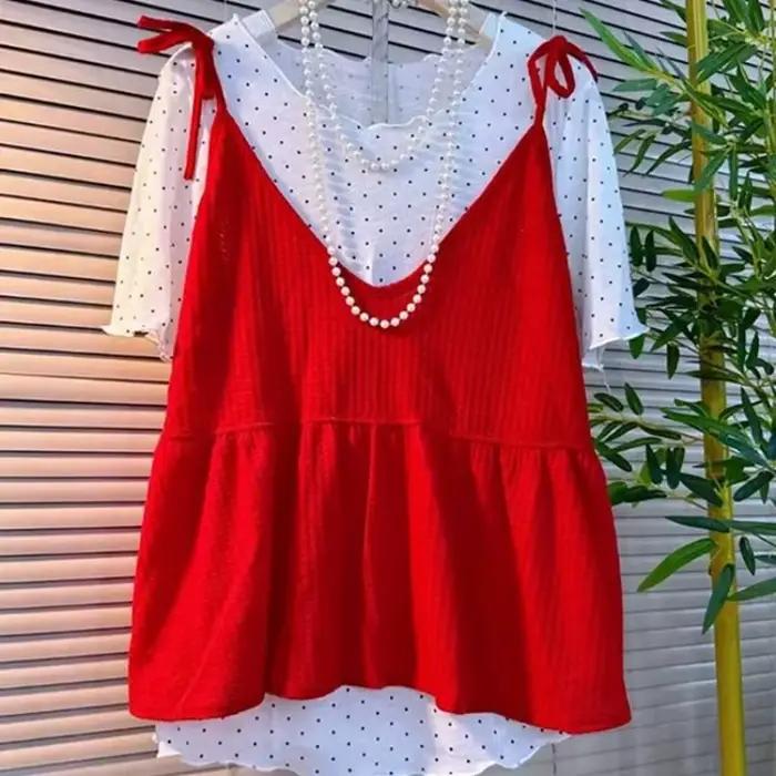 Chemise superposée pour femmes printemps automne avec volants et manches courtes à pois hauts polyester classiques occasions spéciales