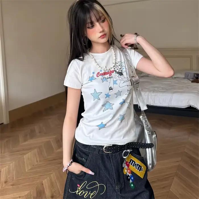 LOTDOOTN Y2K Kawaii t-shirt 2000s été vêtements décontractés Harajuku Streetwear doux mignon haut Femme belle fille