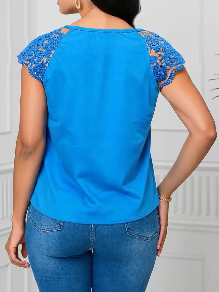 Débardeur Femme Printemps-Été Bleu Royal avec Dentelle et Encolure Goutte d'Eau