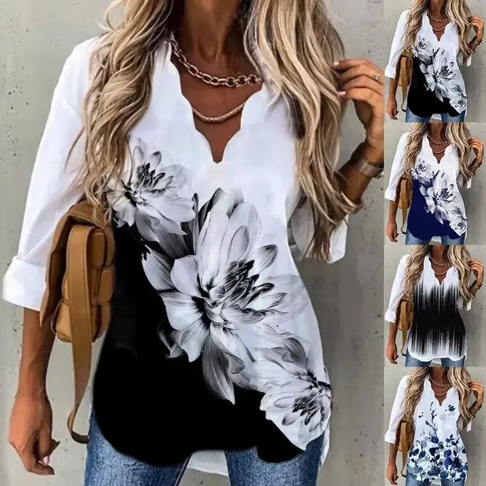 Printemps automne Blouse femmes ample col en v à manches longues femme mode impression pull T-Shirt grande taille