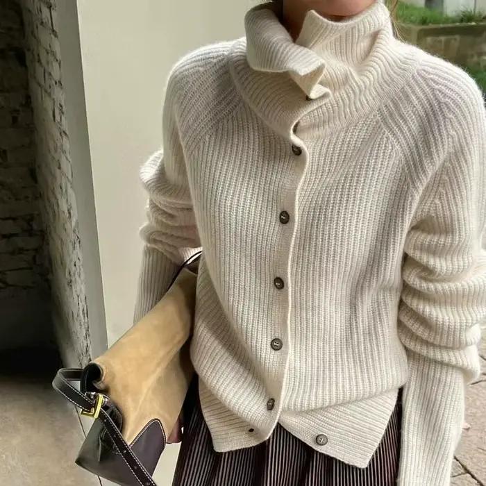 Cardigan Emperoe Goat à col roulé en laine pure pour femme, ample, épais et élégant pour les occasions automnales et hivernales