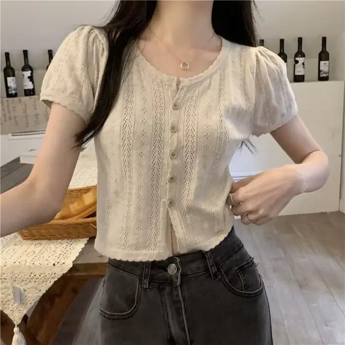 Haut court en maille ajouré pour femme, col rond uni, style coréen, manches courtes, coupe ajustée, mode estivale, jeune et élégant