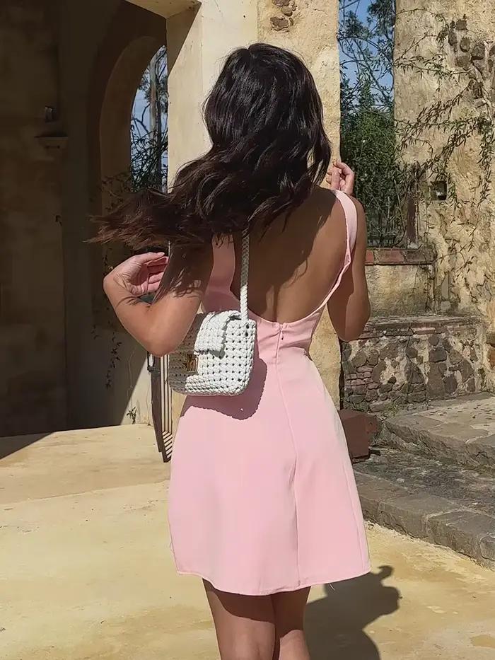 Robe sans manches polyester beige col rond courte coupe trapèze femme printemps été occasions spéciales basiques