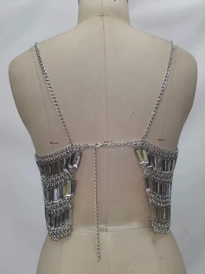 Haut court sexy transparent à sequins métalliques pour femme