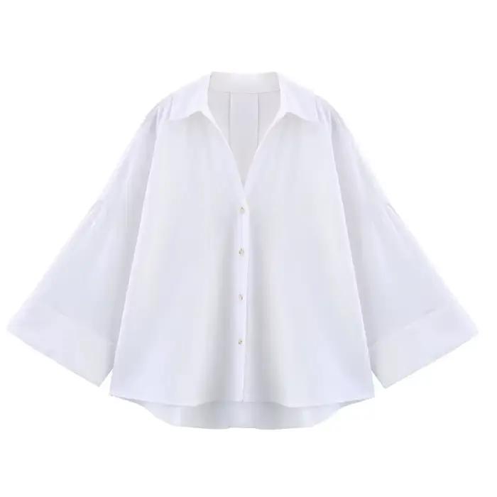 Chemise MUJER décontractée en polyester rayé pour femmes, ample, décontractée, col rabattu, polyester, ajustement lâche, boutons simples, pour plage et événements estivaux
