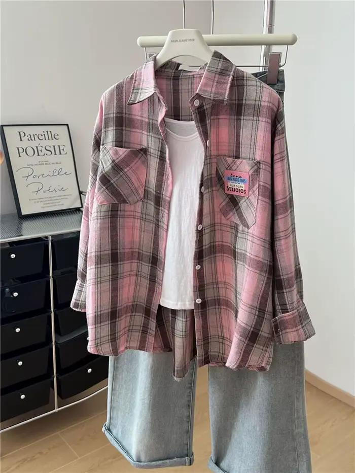 Chemise Femmes Mode Rose Plaid Décontractée Streetwear Rétro Automne Nouvelle à Manches Longues Occasions Spéciales