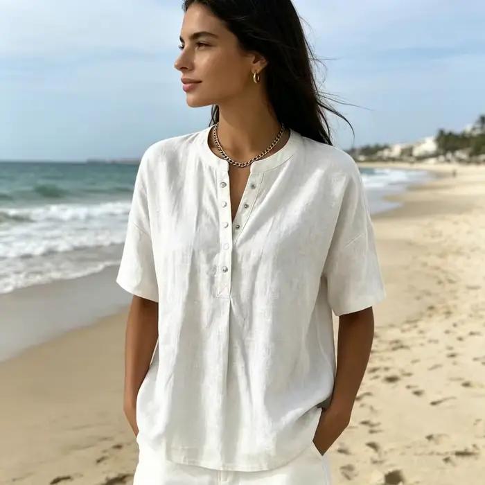 Haut pour femmes chemisier doux et confortable col en V fermeture boutons manches courtes coupe ample printemps été occassions quotidiennes polyvalent