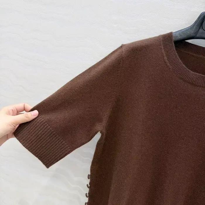 Haut en cachemire tricoté pour femme élégant col rond manches courtes boutons latéraux t-shirt décontracté occassions spéciales soirée chic journée de travail