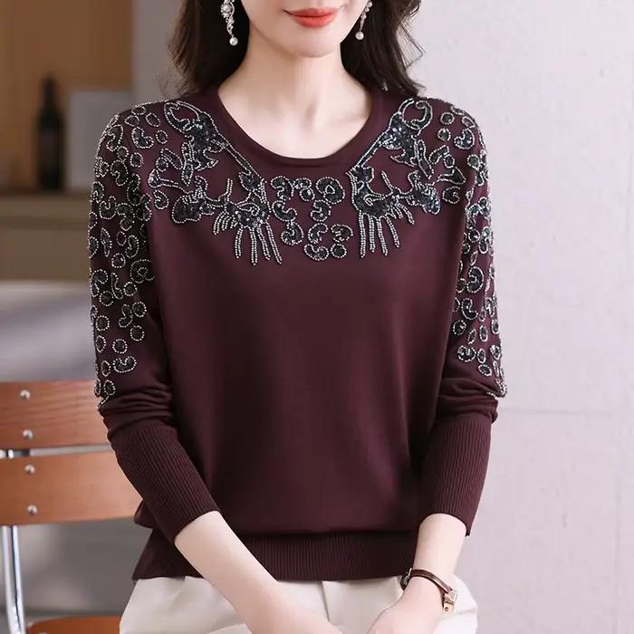 Perles Pull hauts printemps mode femmes vêtements à manches longues