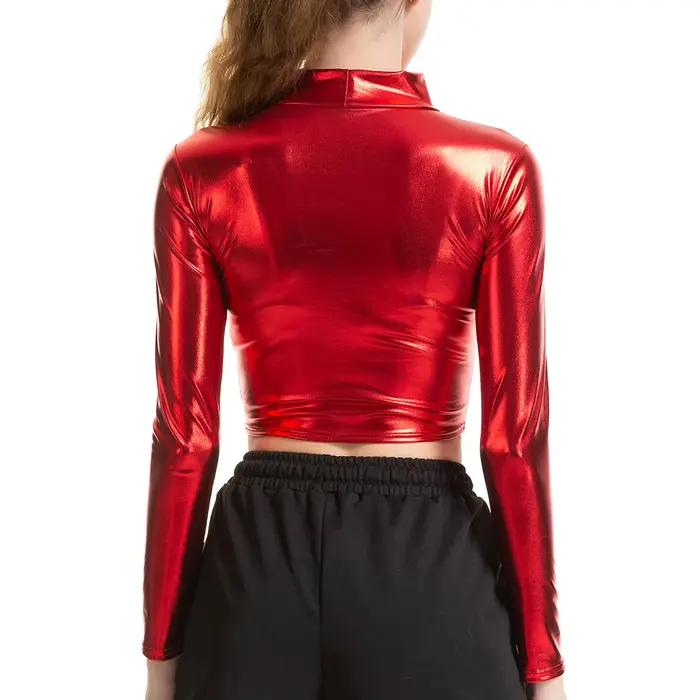 Haut court brillant métallique pour femmes, T-shirt à col montant, Polyester et élasthanne, pour soirées, fêtes et pole dance