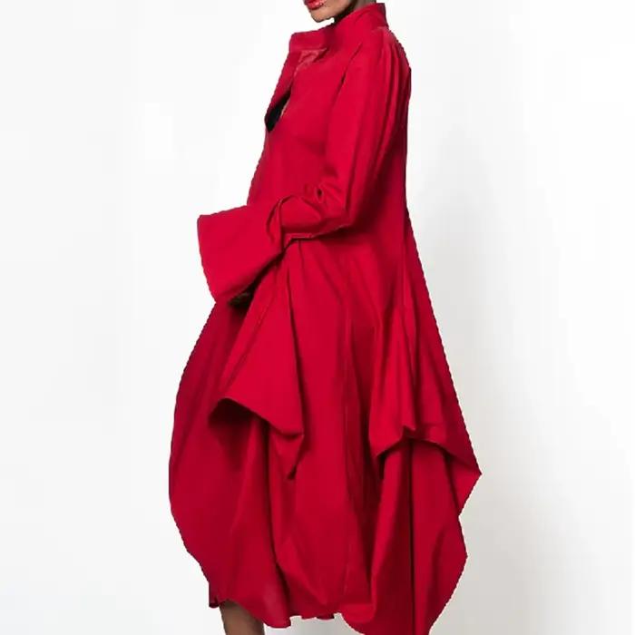 Robe mi-longue rouge à volants asymétriques pour femmes