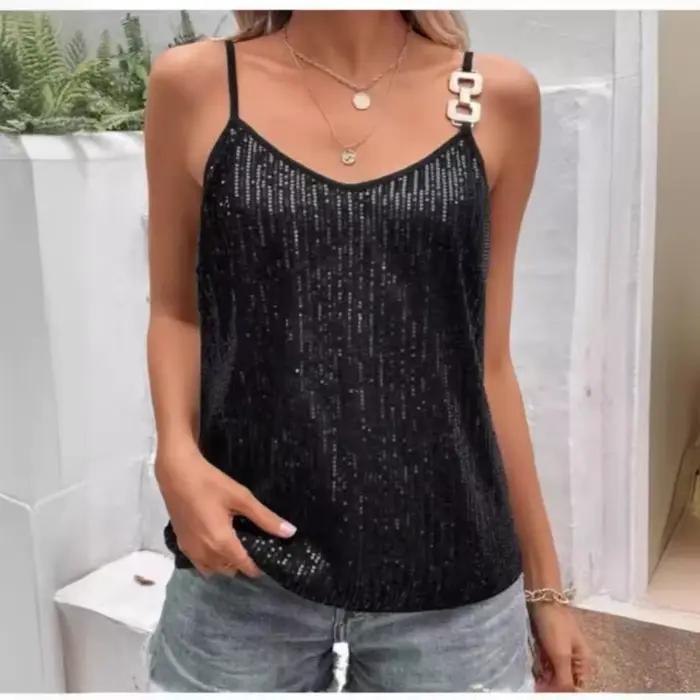 Femmes paillettes brillant perles Camisole col en V débardeur haut court été sans manches Camis dos nu sangle Sexy solide gilet chemise