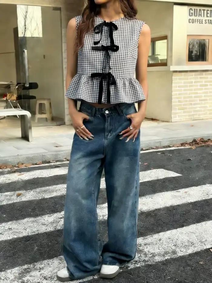 Chemisier sans manches à motif écossais pour femme – Élégant et décontracté pour l'été – Style Y2K Streetwear