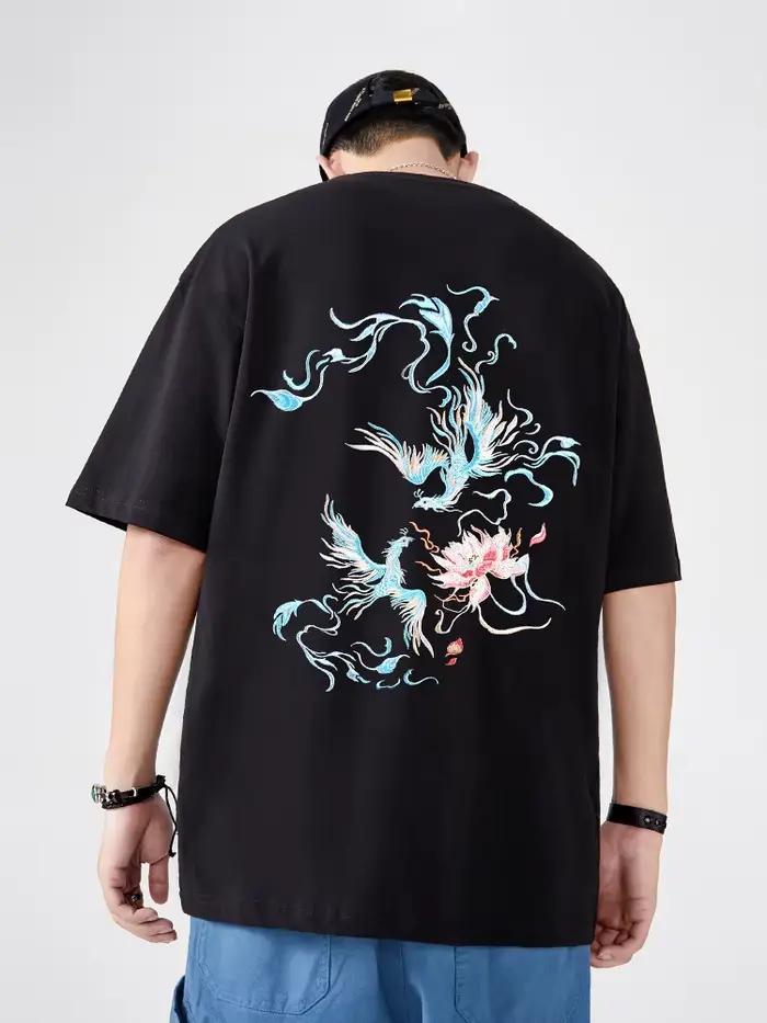 T-shirt homme en coton ample avec broderie phénix pour hommes jeunes et hipsters style chinois et streetwear pour occasions estivales et quotidiennes