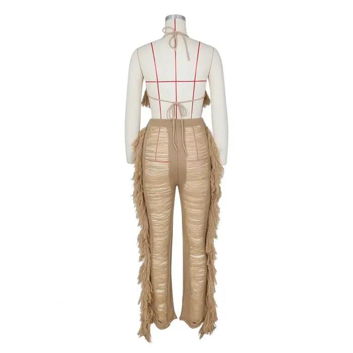 Ensemble haut court et pantalon à franges pour femme