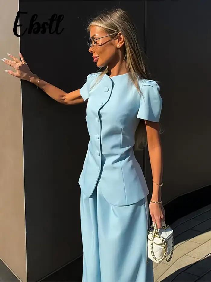 Haut à manches courtes et pantalon ample pour femme, couleur unie, col rond, hauts cintrés à boutonnage simple, pantalon ample coupe lanterne, tenues printemps été