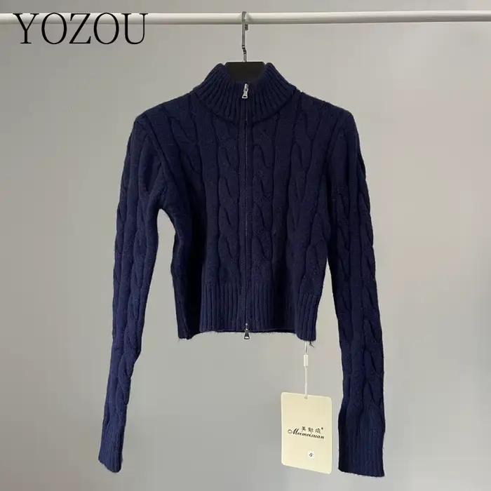 Haut court à col roulé YOZOU double face tricots bleus noir et blanc pour femmes automne hiver style bureau junior