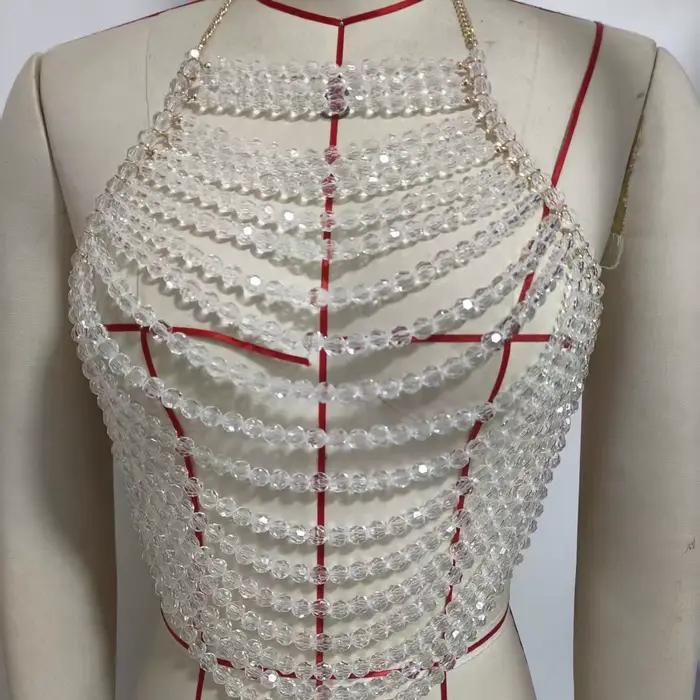 Gilet transparent multicouche à la main perles soutien-gorge chaîne culture sexy boîte de nuit danse costume gilet poitrine corps bijoux femmes printemps été