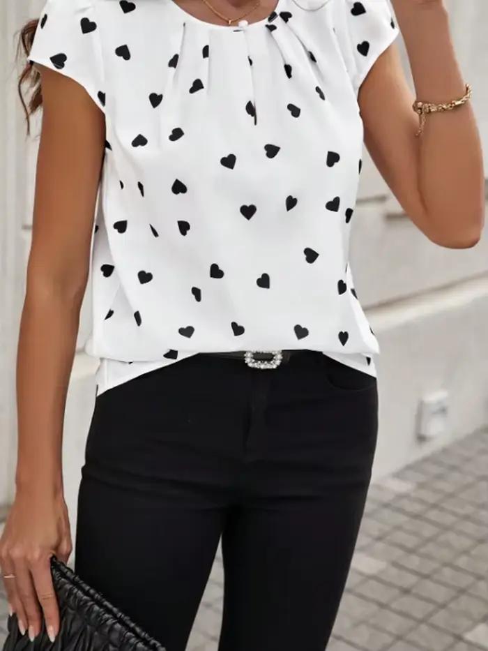 Chemise plissée à manches courtes et col rond pour femme