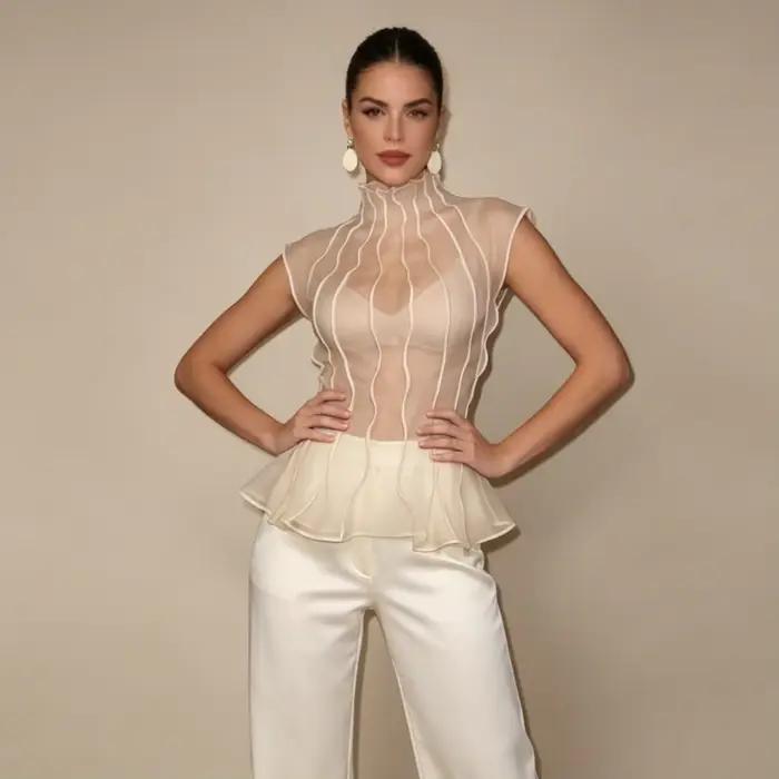 LIMO 2026 Nouvelle Blouse Femme en Organza Transparent Sans Manches Col Montant Volants Peplum Haut Élégant pour Soirée