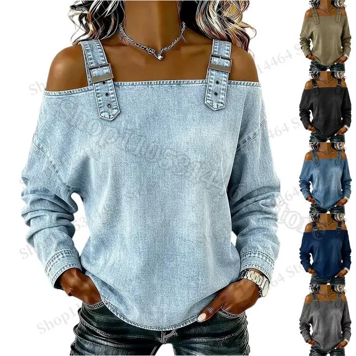 Haut en jean pour femme élégant haut à épaules dénudées manches longues polyester occasionnels spéciaux