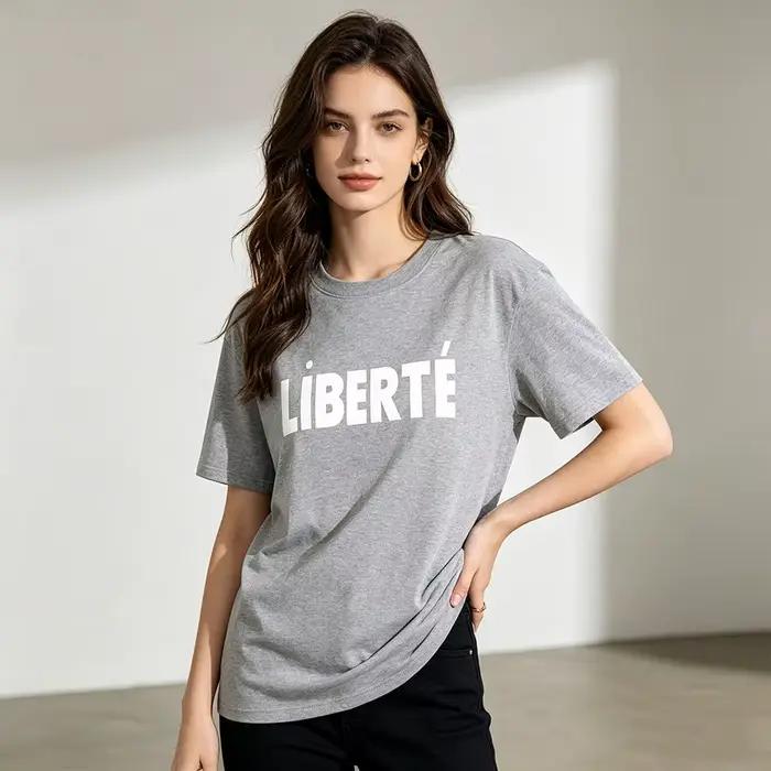 T-shirt coton 100% femme lettres françaises décontracté ample gris pour femmes occasions spéciales printemps été