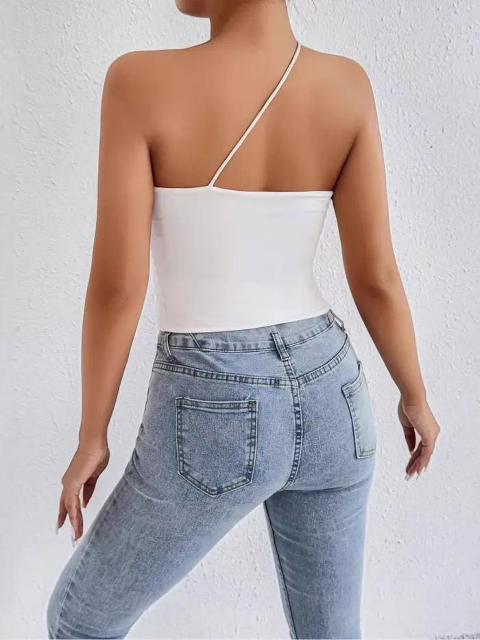 Haut court asymétrique blanc à une épaule pour femme