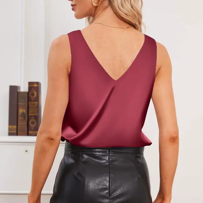 Haut en satin soyeux pour femme, décontracté, col en V, ample, sans manches, couleur unie, pour le bureau et les soirées détentes