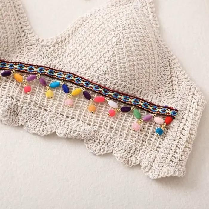 Été sans manches femme Crochet Camisole col en V court Style bohème gilet gland hauts chauds tricot culture