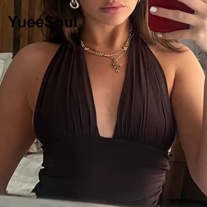 Vintage marron haut court femmes 2025 nouveau imprimé sans manches mince débardeurs été Y2K doux mignon décontracté Streetwear femme vêtements