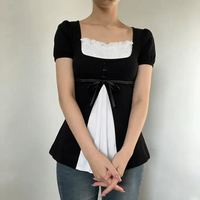 [RUOKE] Blouse décontractée Y2K contrastée pour femme