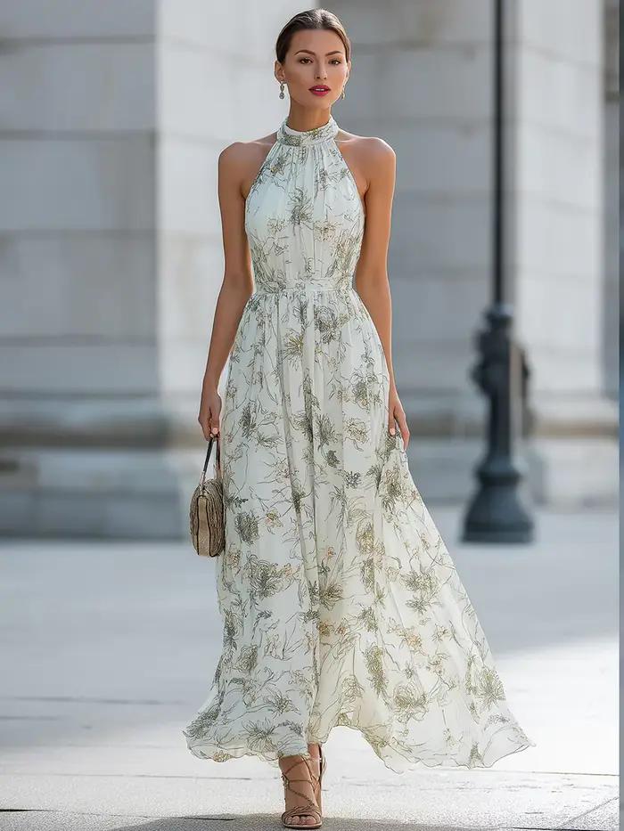 Robe longue maxi imprimé floral col halter pour femme style plage été cérémonie mariage soirée festive