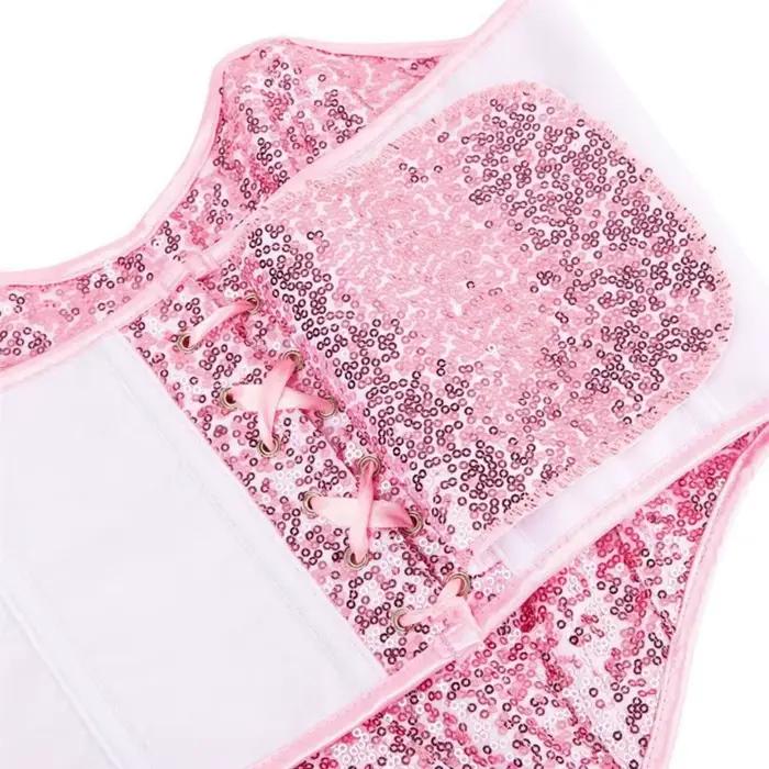 Corset rose à sequins, haut sculptant pour femme avec baleines