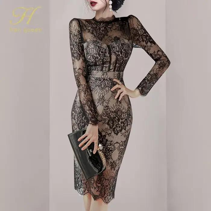 H Han Queen automne nouveau voir à travers dentelle robes mode coréenne Crochet fleurs robe crayon élégant Simple fête