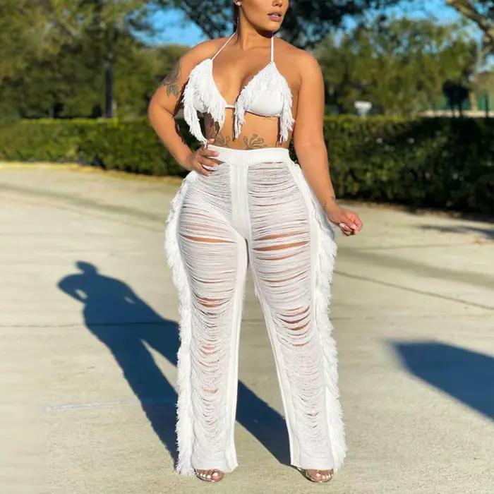 Ensemble haut court et pantalon à franges pour femme