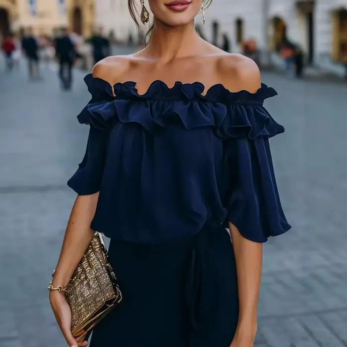 Chemisier à volants épaules dénudées haut décontracté d'été élégant vintage pour femme occasions spéciales bleu marine