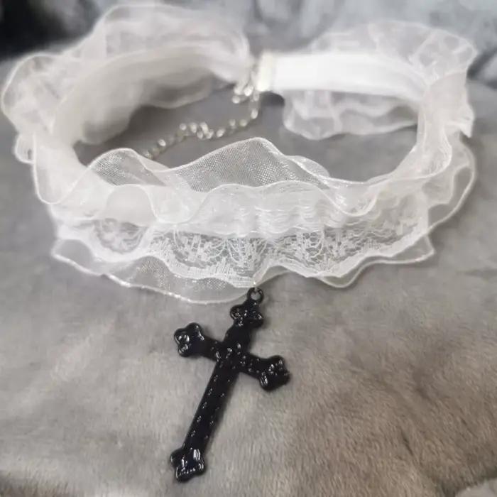 Collier croisé en dentelle gothique pour femmes filles