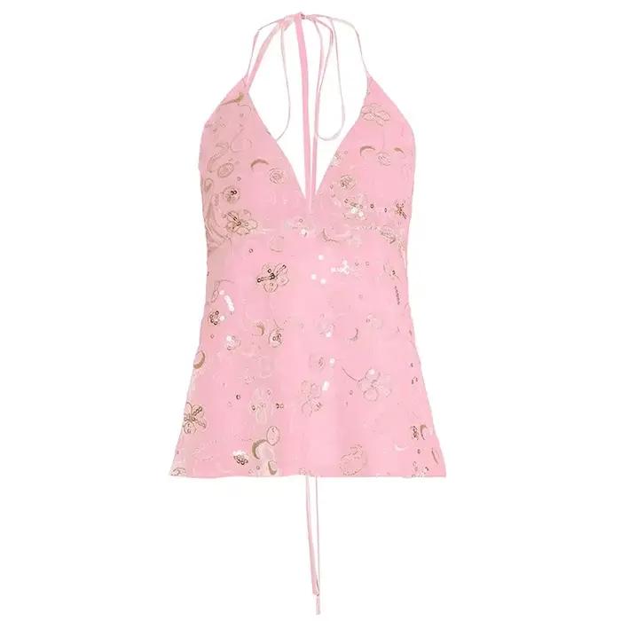 FDEY Paillettes pure coupe ajustée mode haut à licou Sexy Hottie pansement dos nu Chic Y2k Design chemisiers à col en v
