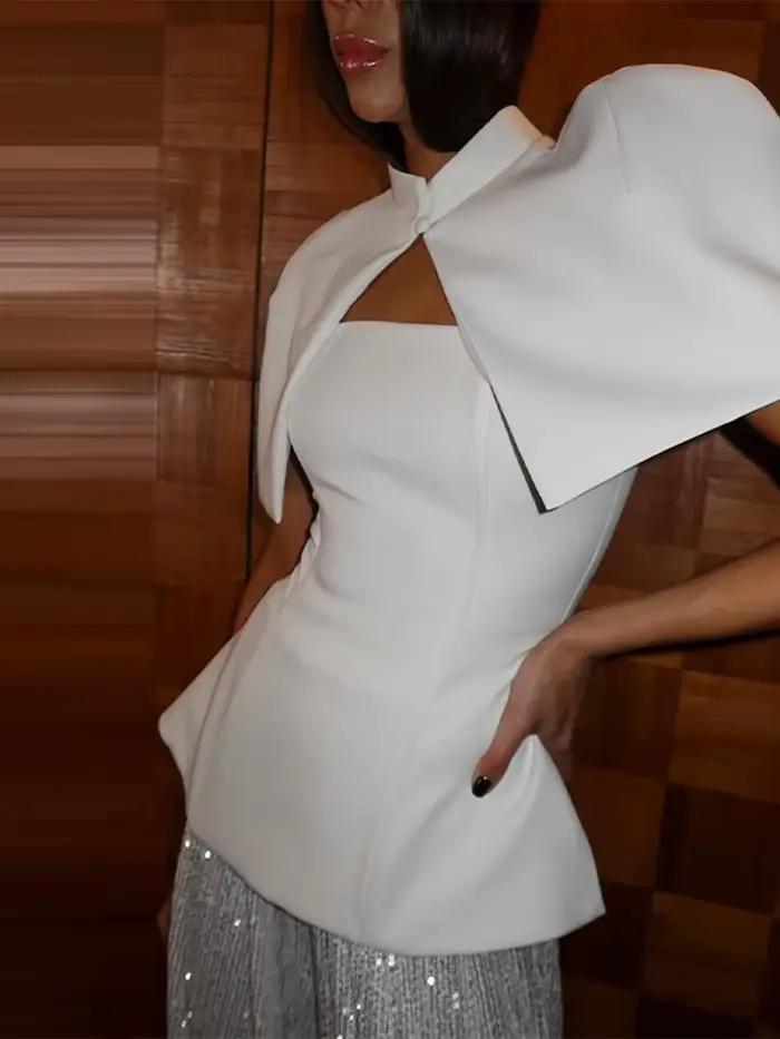 Femmes Chic haut 2 pièces ensemble élégant col montant Cape sans manches mince épaules nues