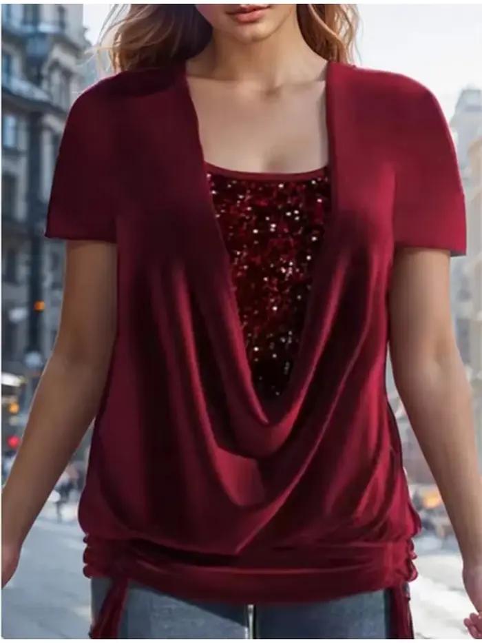 T-shirt col V manches courtes femme Monochromatique Sequin Lady Simple Party Top Summer