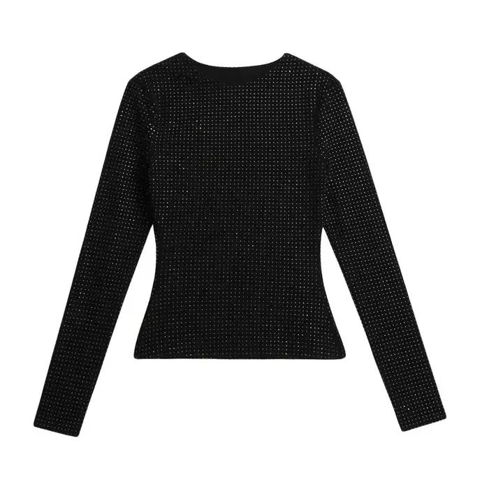 Haut à manches longues patchwork transparent avec strass pour femmes occasions spéciales automne étés