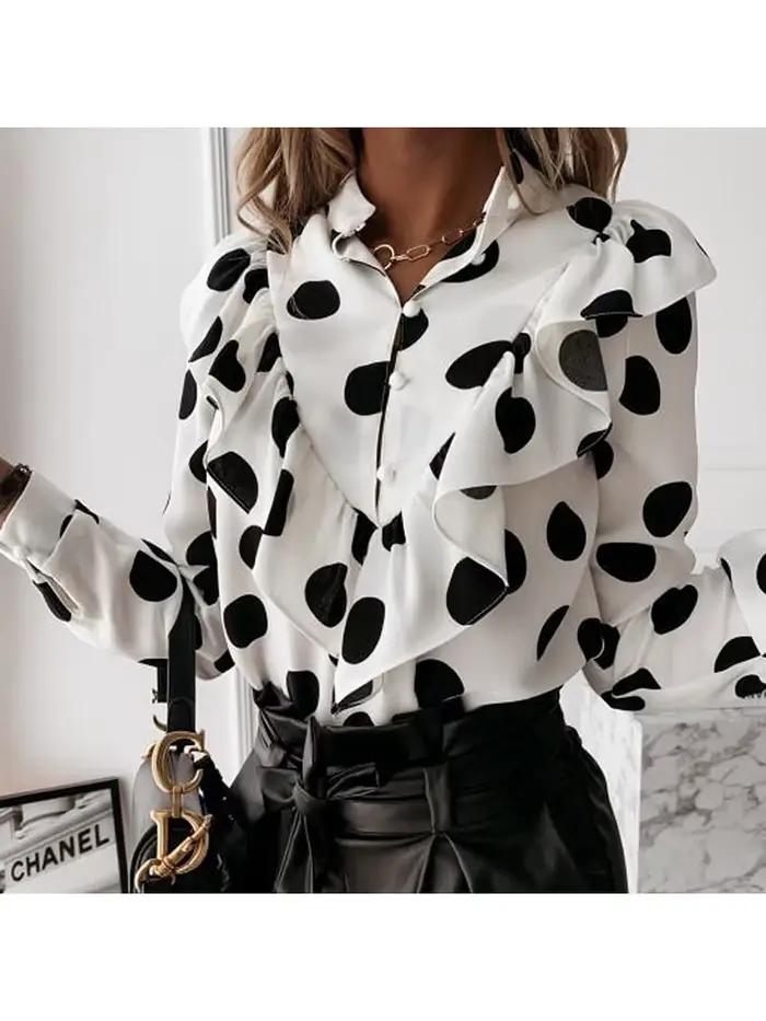 Décontracté léopard point imprimé à volants Blouse chemise automne hiver à manches longues femmes chemises élégant bureau dame col en v bouton hauts Blusa