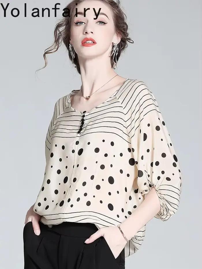 YOLANFAIRY 100% véritable chemisier en soie de mûrier pour femme été léger luxe mode à pois femmes hauts et chemisiers chemise décontractée