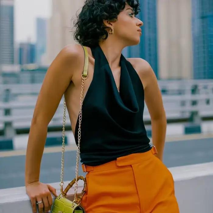 HXAO marron haut à licou femmes été culture hauts pour femme sans manches Satin noir