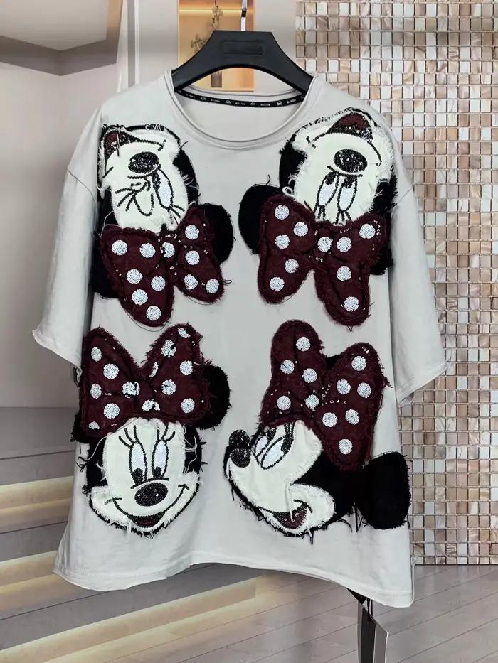 T-shirt ample à col rond imprimé de lettres et dessins animés à paillettes style industriel européen et américain pour femmes occassions spéciales