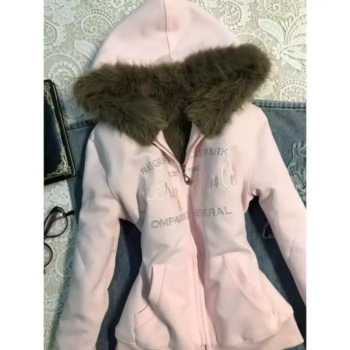 High Street esthétique Design Sense Niche américain Vintage rose velours chaud veste à capuche hiver nouveau haut à la mode femmes manteaux