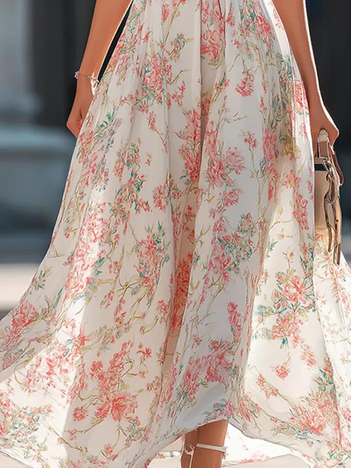 Robe longue maxi imprimé floral col halter pour femme style plage été cérémonie mariage soirée festive