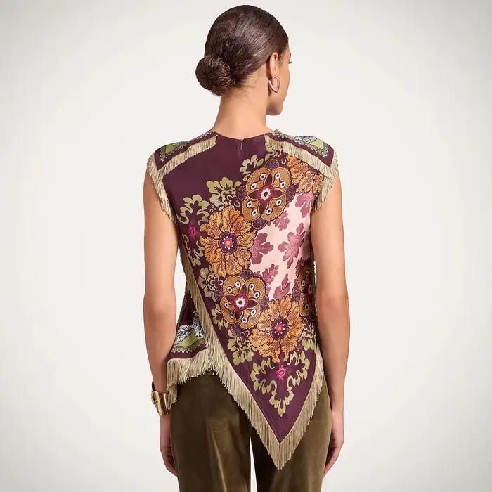 Chemisier Chic Femme 2026 en Satin à Imprimé Floral avec Franges Col Rond Sans Manches Ourlet Asymétrique Style Vintage Occasions Spéciales